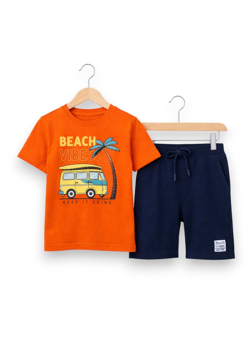 victor and jane Boys Beach Trip Printed T-Shirt & Blue Shorts Set - Image 3